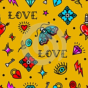 Old school tattoo pattern with love symbols