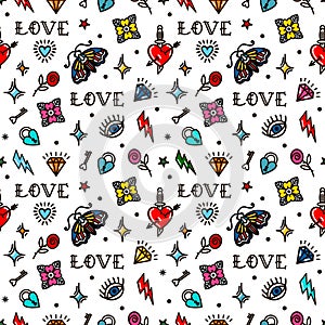 Old school tattoo seamless pattern with love symbols. Design For Valentines Day