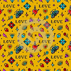 Old school tattoo seamless pattern with love symbols. Design For Valentines Day