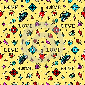 Old school tattoo seamless pattern with love symbols. Design For Valentines Day