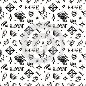 Old school tattoo seamless pattern with love symbols. Design For Valentines Day