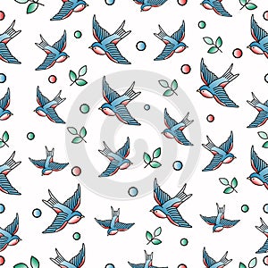 Old school tattoo seamless pattern with swallows.