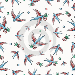 Old school tattoo seamless pattern with swallows.