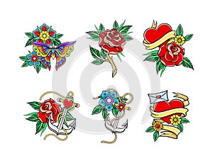 Old school tattoo set. Colorful bright vintage design tattoos with rose flowers, butterfly, heart, anchor hand drawn
