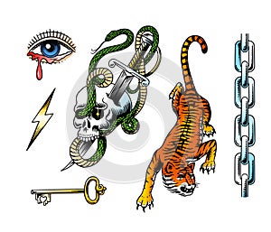 Old school Tattoo set. Snake in the skull, dagger, chain and tiger in rock style. Engraved hand drawn vintage retro