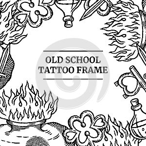 Old school tattoo social media template banner with heart, fire, bottle, knife and keys in classic retro style. Black