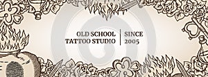 Old school tattoo social media template banner with heart, fire, bottle, knife and keys in classic retro style. Brown