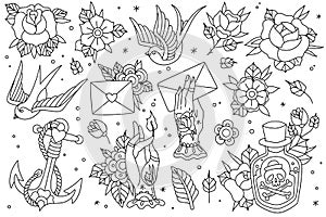 Old school traditional outlines tattoo set. Old school traditional tattoo flash outlines icons pack with swallow rose