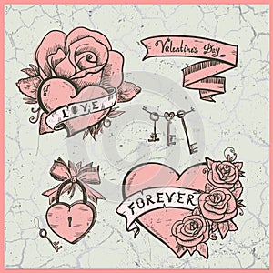 Old school vector graphic set with hearts, roses and ribbons.