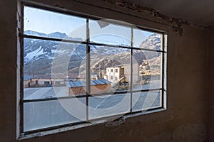Old schoolyard mountain town window view, Bolivia.