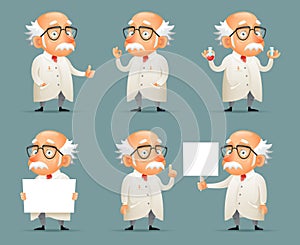 Old Scientist Character Icons Set Retro Cartoon Design Mobile Game Vector Illustration