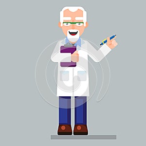 Old scientist character wearing glasses and lab coat with pen