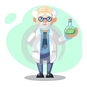 Old scientist with flask, potion, mixture. Funny character. Cartoon vector illustration. Mad professor. Science