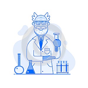 Old Scientist with Flasks and Laboratory Equipment