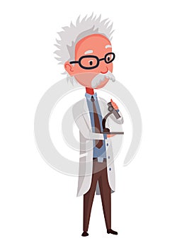 Old scientist holding microscope. Funny moustached character wearing glasses and lab coat. Discovery in science. Vector