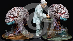 An old scientist in a white coat is studying n brain. The concept of the study of the brain and mental abilities, learnin