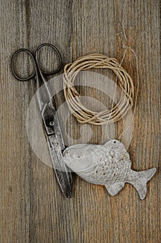 Old scissors, glasses, fish and hank of packthread