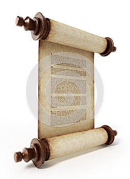 Old scroll with lorem ipsum text isolated on white background. 3D illustration