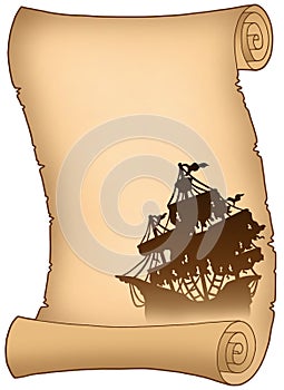 Old scroll with mysterious ship silhouette