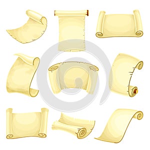 Old Scroll or Roll of Papyrus, Parchment or Paper Containing Writing Vector Set