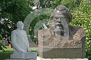 Old sculptures of Karl Marx and Leonid Brezhnev in Muzeon Art Park (Fallen Monument Park) in Moscow