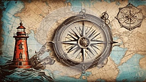 explorer, travel and nautical theme grunge background. Retro style