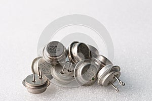 Old semiconductor transistors from Soviet technology on a white background