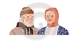Old senior couple. Elderly aged man and woman smiling. Happy retired male and female characters, face portrait. Modern
