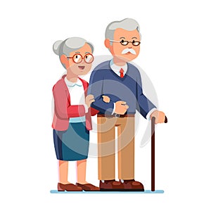 Old senior man and aged woman standing together