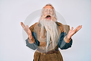 Old senior man with grey hair and long beard wearing viking traditional costume celebrating mad and crazy for success with arms