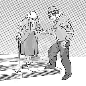 Old senior man and woman in glasses walking together arm in arm. Aged grey haired couple.