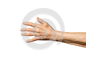 Old senior woman`s hand isolated on white background.