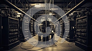 An old server room filled with connecting wires