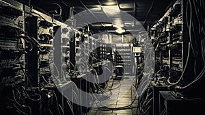 An old server room filled with connecting wires
