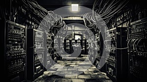 An old server room filled with connecting wires