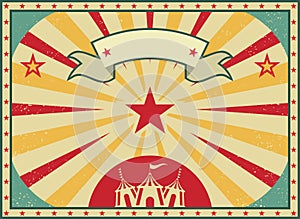 Old shabby American circus billboard in retro style. Vintage advertising poster with rays and aged background and ribbon photo