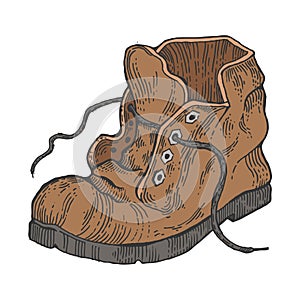 Old shabby boot color engraving style vector