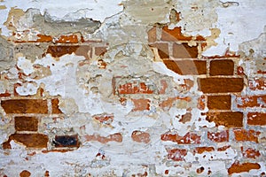 Old shabby brick wall of the monastery close-up