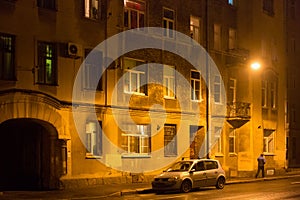 Old shabby building at night in the center Saint Petersburg between 1924 and 1991 named Leningrad.