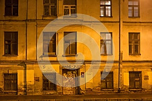 Old shabby building at night in the center Saint Petersburg between 1924 and 1991 named Leningrad.