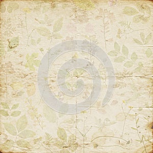 Old shabby faded dried pressed floral pattern paper background photo