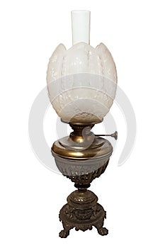 The old, shabby kerosene lamp. The lamp of past times. Isolated On a white background. Made by Germany