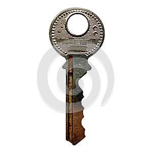 old shabby silver door lock key on a white isolated background