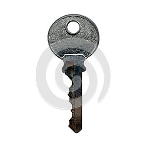 old shabby silver door lock key on a white isolated background