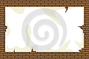 Old shabby, threadbare torn announcement sheet, advertisement hanging on a brick wall. Vector