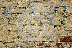 Old shabby white, beige, red brick wall with blue spots of paint closeup. rough surface texture