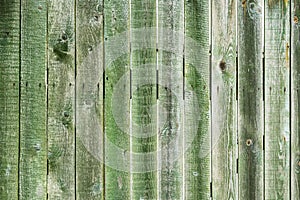 Old shabby wooden boards of fence with cracked green paint, cracks. Vintage background