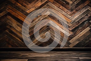 Old shabby wooden wall panel made of barn boards, dark wood texture, wooden background with chevron pattern. Generative AI