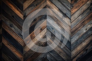 Old shabby wooden wall panel made of barn boards, dark wood texture, wooden background with chevron pattern. Generative AI