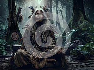 Old shamanic woman sitting in the forest